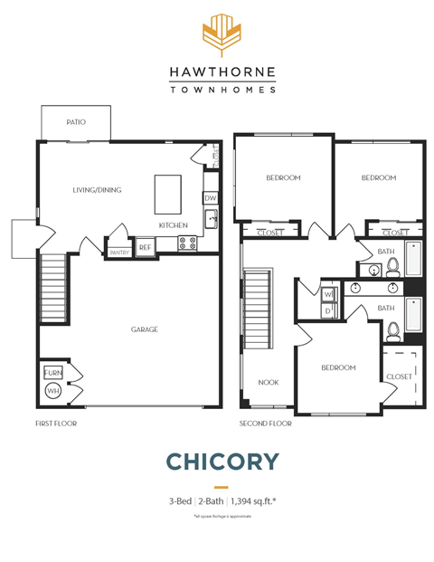 A floor plan for a Hawthorne Townhomes property named Chicory, which is a 3-bedroom, 2-bathroom unit with a total area of 1,394 square feet.